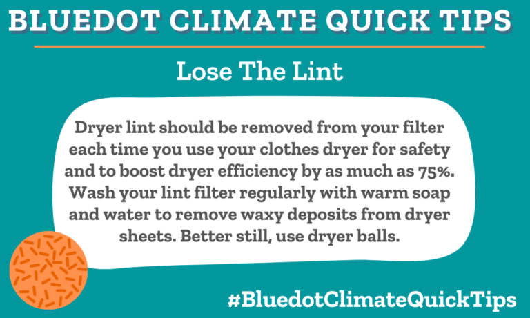 Climate Quick Tip: Lose The Lint Dryer lint should be removed from your filter each time you use your clothes dryer for safety and to boost dryer efficiency by as much as 75%. Wash your lint filter regularly with warm soap and water to remove waxy deposits from dryer sheets. Better still, use dryer balls. Clean your dryer filter regularly, and wash the filter with warm, soapy water. Bluedot loves Friendsheep dryer balls.